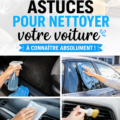 Voiture propre avec des produits de nettoyage sur un arrière-plan clair