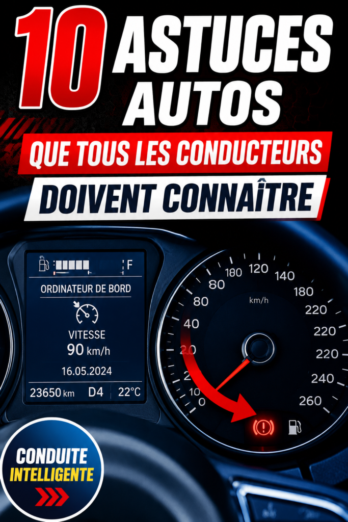 Une voiture sur une route avec des panneaux d'astuces pour le conducteur