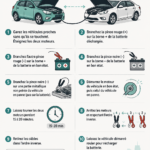 Illustration d'une batterie de voiture en train d'être relancée avec des câbles.