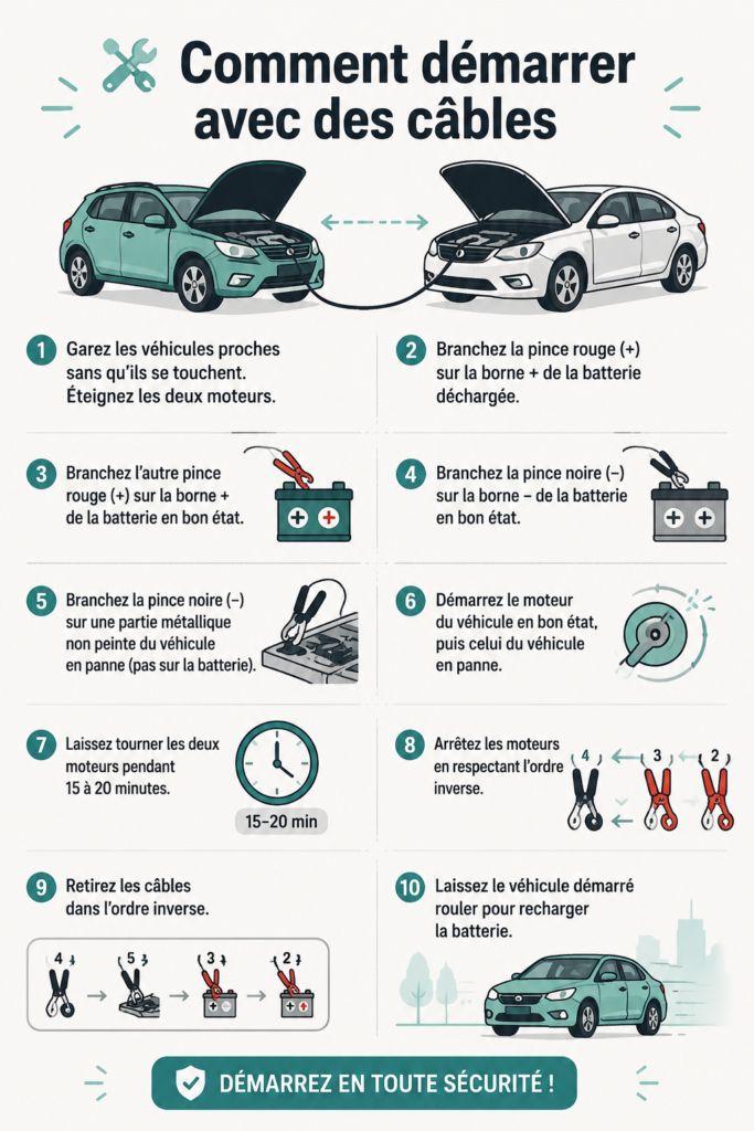 Illustration d'une batterie de voiture en train d'être relancée avec des câbles.