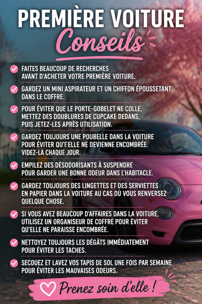 Une jeune conductrice souriante à côté de sa première voiture, prête à prendre la route.