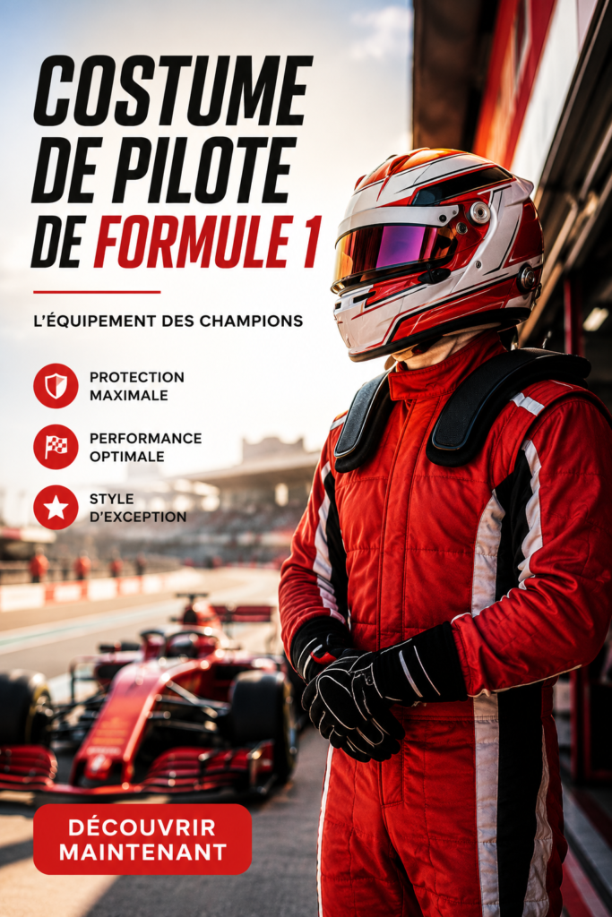 Un costume de pilote de Formule 1 stylé exposé sur un mannequin.