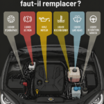 Image d'un garage avec un mécanicien examinant le moteur d'une voiture et ses fluides.