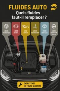 Image d'un garage avec un mécanicien examinant le moteur d'une voiture et ses fluides.